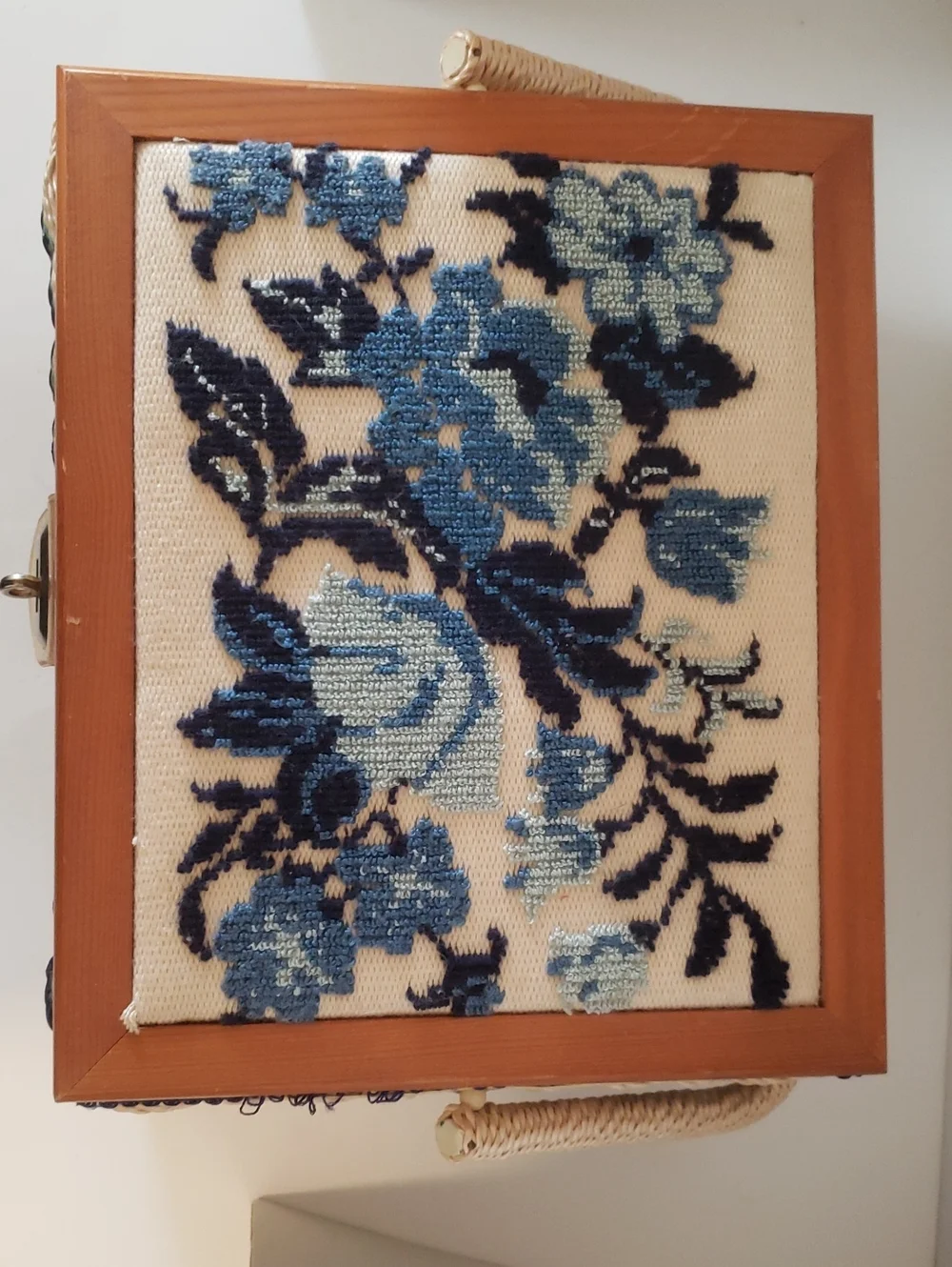 Woven Straw Sewing Basket Vintage with Blue Floral Needlepoint Lid from JcPennys